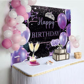 Aperturee - Aperturee Purple Balloons Glitter Crown Happy Birthday Backdrop